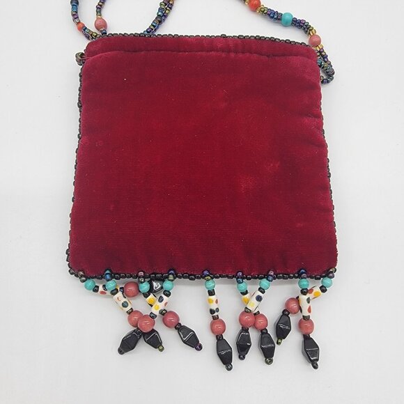 Red 100% Silk Bag Velvet Beaded Trim Small Evening Fancy Beaded Colorful‎ Boho - Picture 5 of 11